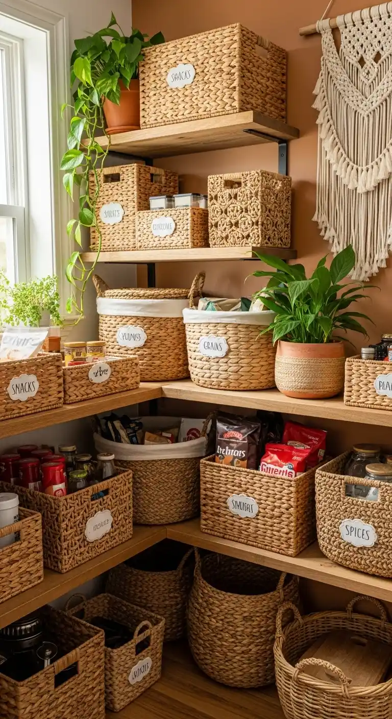 19 Stunning Boho Kitchen DIY Ideas to Transform Your Space 13 11. Woven Baskets for Pantry Organization