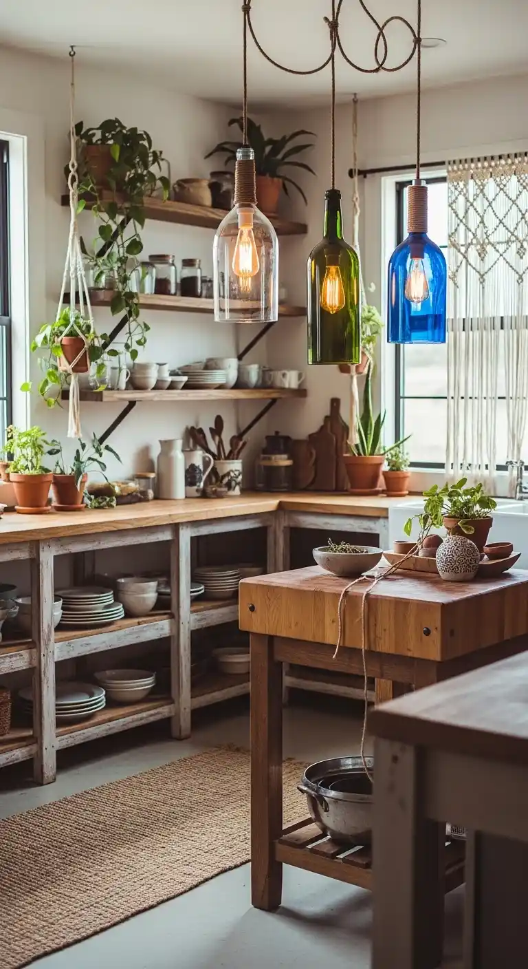 19 Stunning Boho Kitchen DIY Ideas to Transform Your Space 20 18. Recycled Glass Bottle Pendant Lights