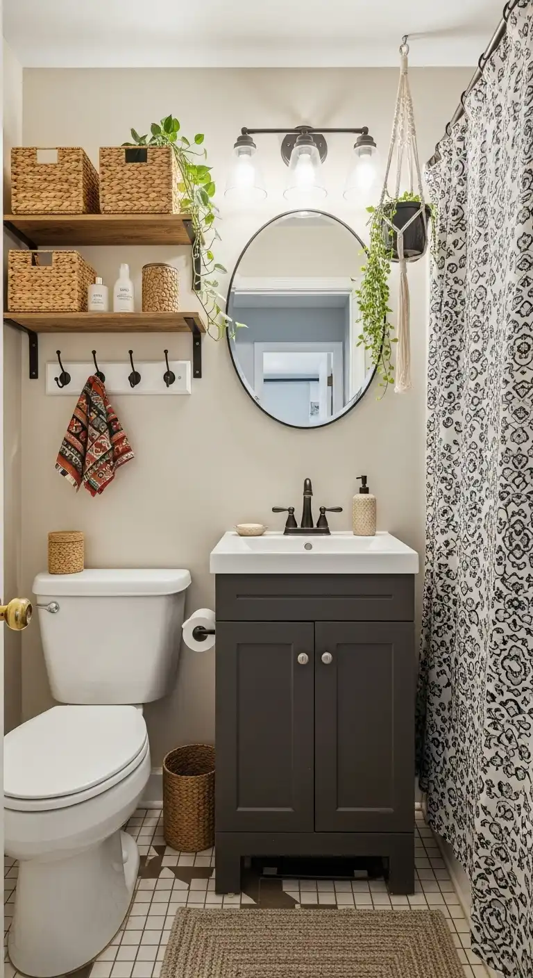 Boho Bathroom Ideas: 23 Beautiful Ways to Style Your Space 22 19. Small Boho Bathroom with Space-Saving Hacks