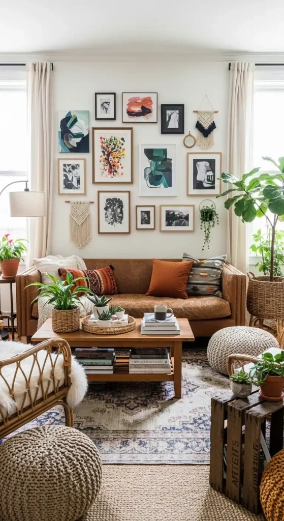 19 Eclectic Boho Living Room Ideas for a Free-Spirited Look 4 3. Feature a Mix-and-Match Gallery Wall 1