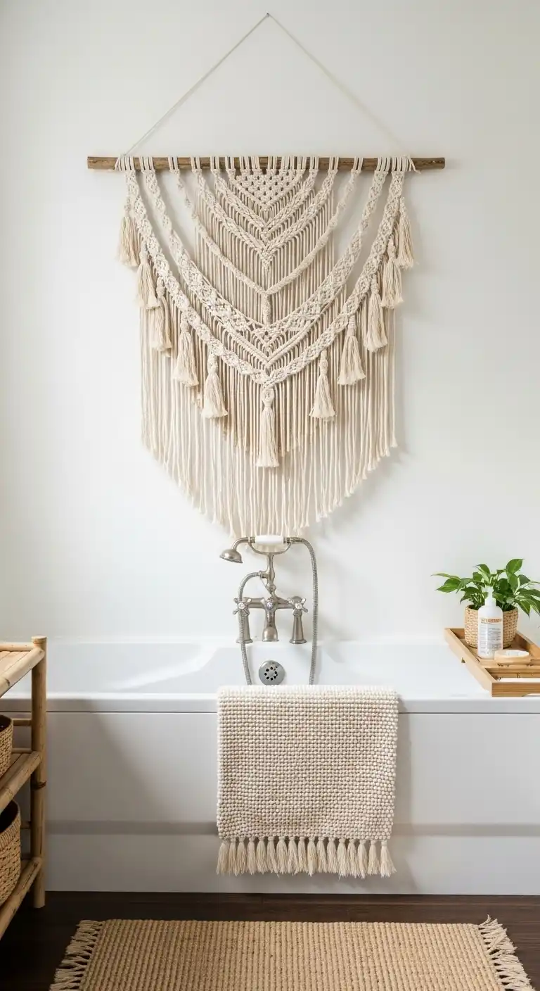 Boho Bathroom Ideas: 23 Beautiful Ways to Style Your Space 9 6. Macramé Wall Hangings Above the Tub