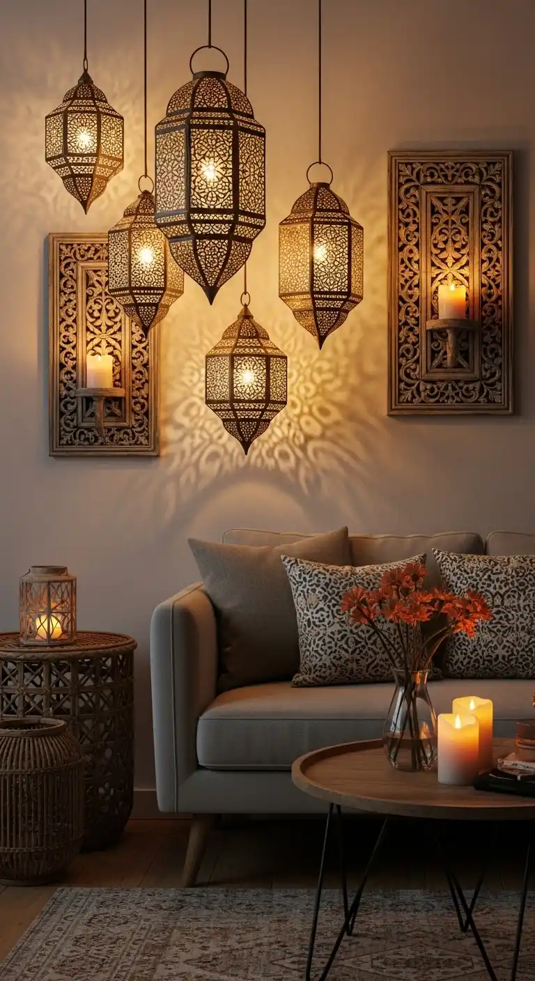 Boho Wall Decor Ideas to Warm Up Your Home: 21 Creative Styles You’ll Love 19 15. Hanging Lanterns or Candle Sconces with Boho Detailing