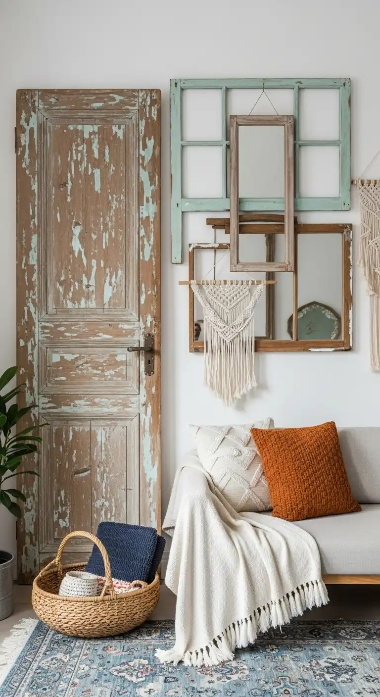 Boho Wall Decor Ideas to Warm Up Your Home: 21 Creative Styles You’ll Love 20 16. Upcycled Vintage Doors or Window Frames as Wall Art