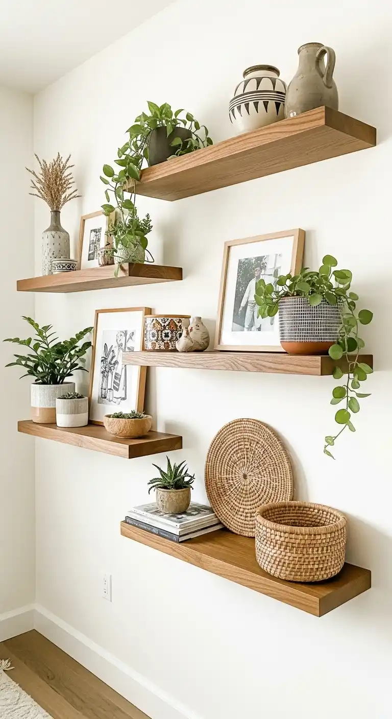 Boho Wall Decor Ideas to Warm Up Your Home: 21 Creative Styles You’ll Love 22 18. Floating Wooden Shelves Styled with Boho Accents