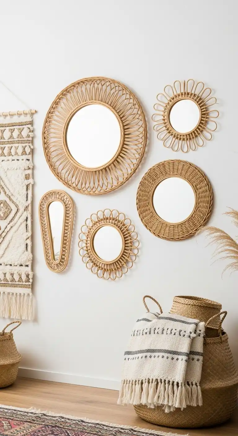 Boho Wall Decor Ideas to Warm Up Your Home: 21 Creative Styles You’ll Love 8 4. Vintage Mirrors with Wicker or Rattan Frames