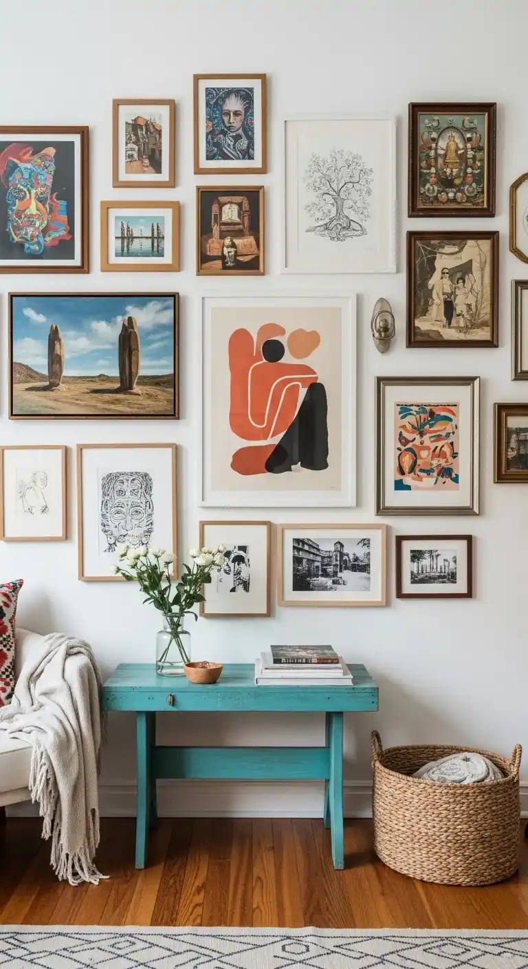 Boho Wall Decor Ideas to Warm Up Your Home: 21 Creative Styles You’ll Love 9 5. Layered Gallery Walls with Eclectic Art