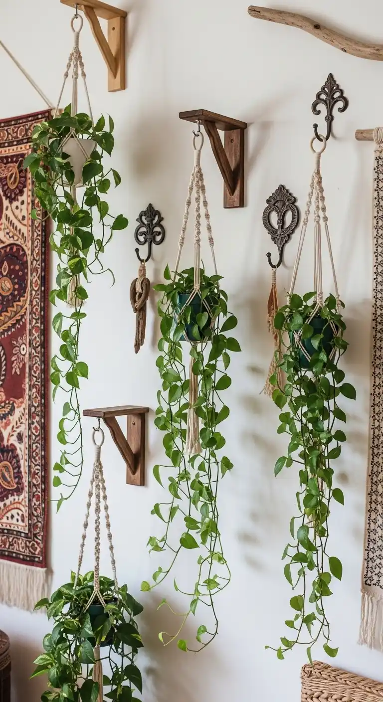 Boho Wall Decor Ideas to Warm Up Your Home: 21 Creative Styles You’ll Love 10 6. Hanging Plants with Decorative Wall Hooks