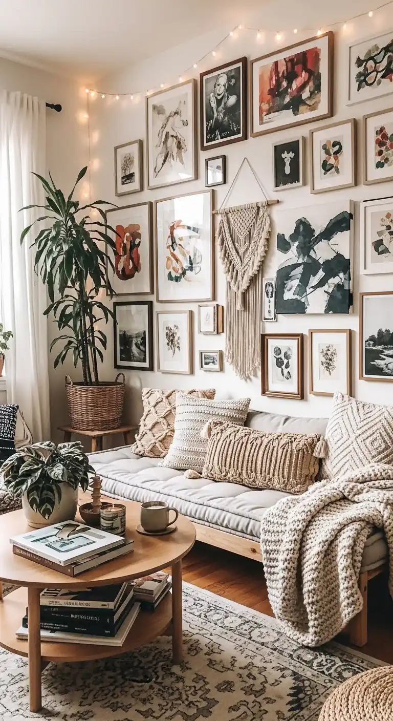 7 Thrifted Boho Living Room Ideas That Save Money 7 6. Cozy Gallery Nook Personal Gallery Meets Boho Comfort