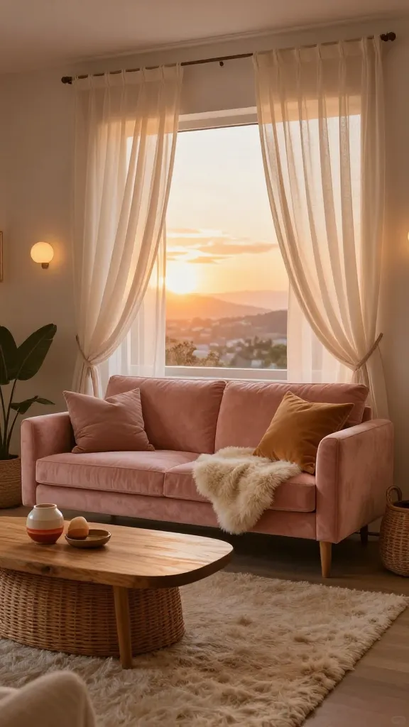 10 Easy Boho Living Room Ideas for Complete Beginners 7 6. Sunset Soft Boho Living Room