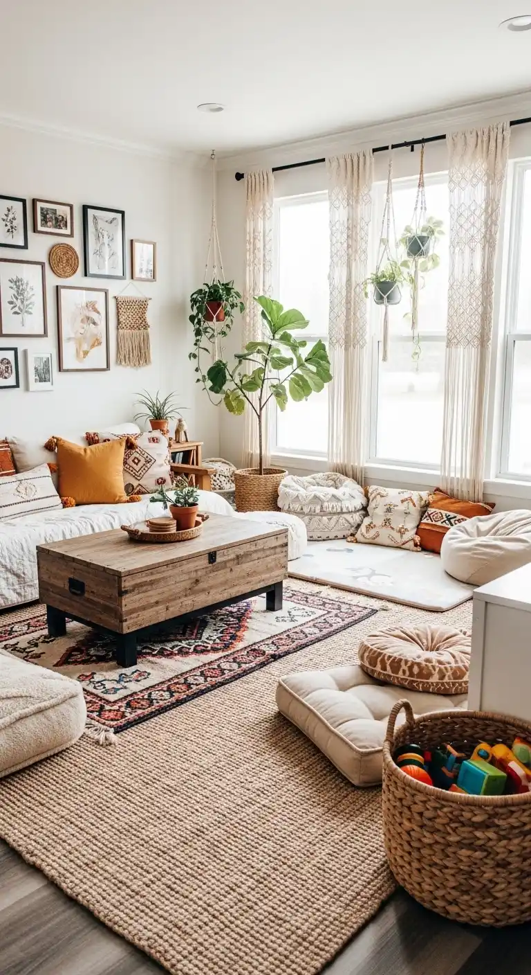 11 Relaxing Boho Living Room Ideas for Stress Free Homes 10 9. Bright Boho Family Haven Practical Yet Playful